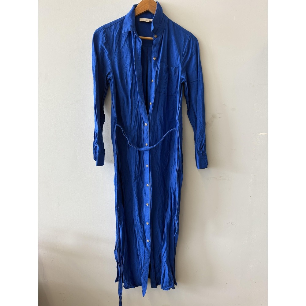 LOFT Dress Womens 0 Blue Shirt Collared Button Front Maxi Belted Long Sleeve